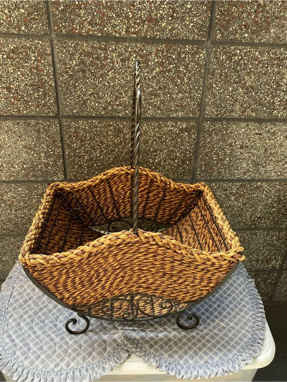American Vintage Woven Natural Brown Basket with Twisted Iron Handle
